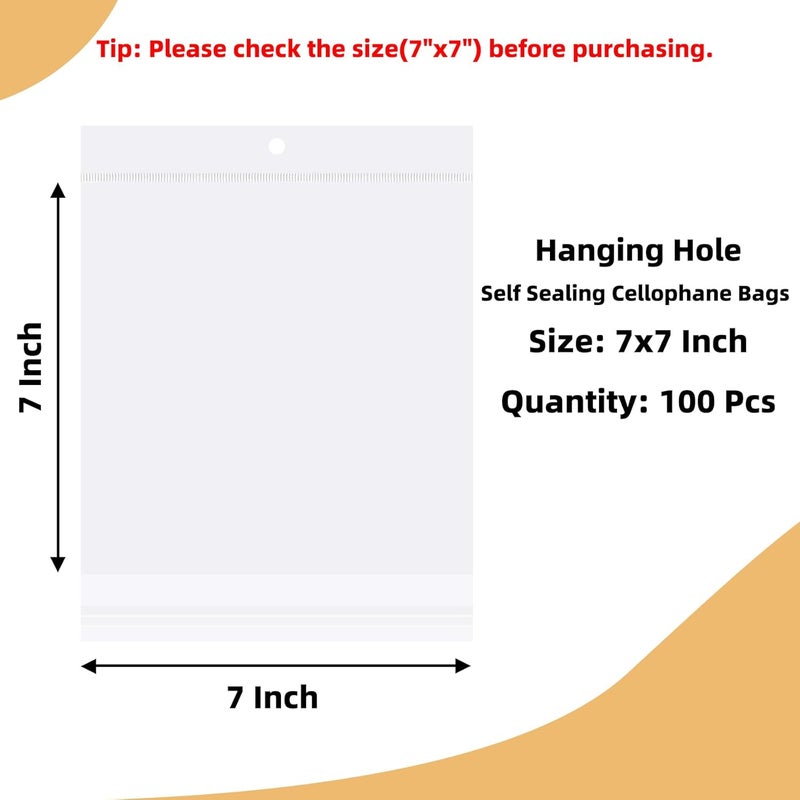Morepack 7x7 Inches Hanging Hole Self Sealing Cellophane Bags Self Adhesive, 100 Pieces Clear Resealable Cellophane Bags with hanging header for Jewelry Necklace - Image 2